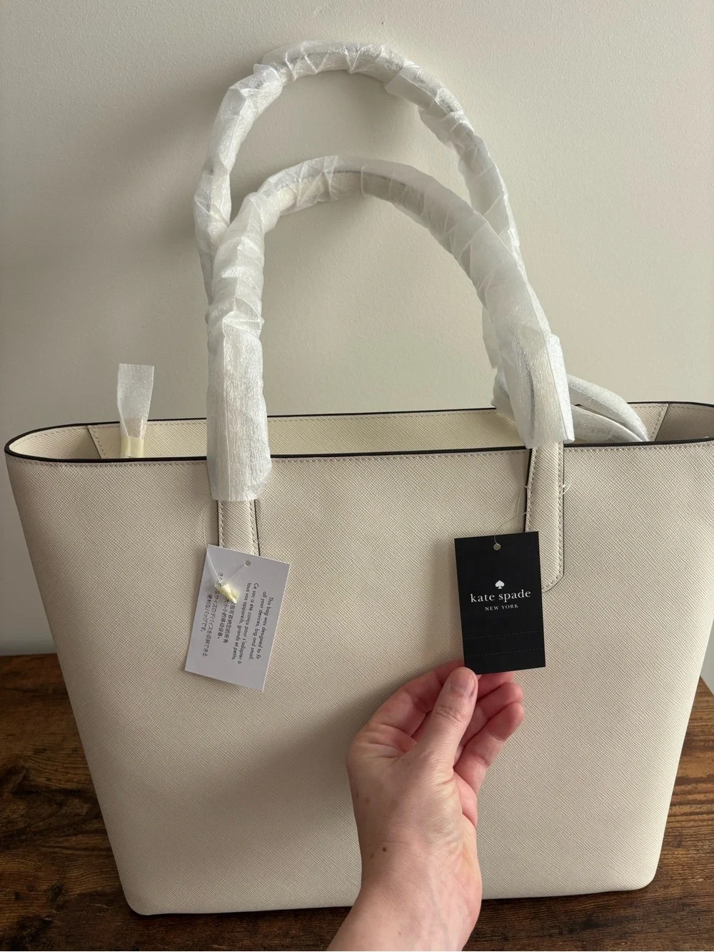 kate spade Cream Saffiano Leather Tote with Front Zip Pocket